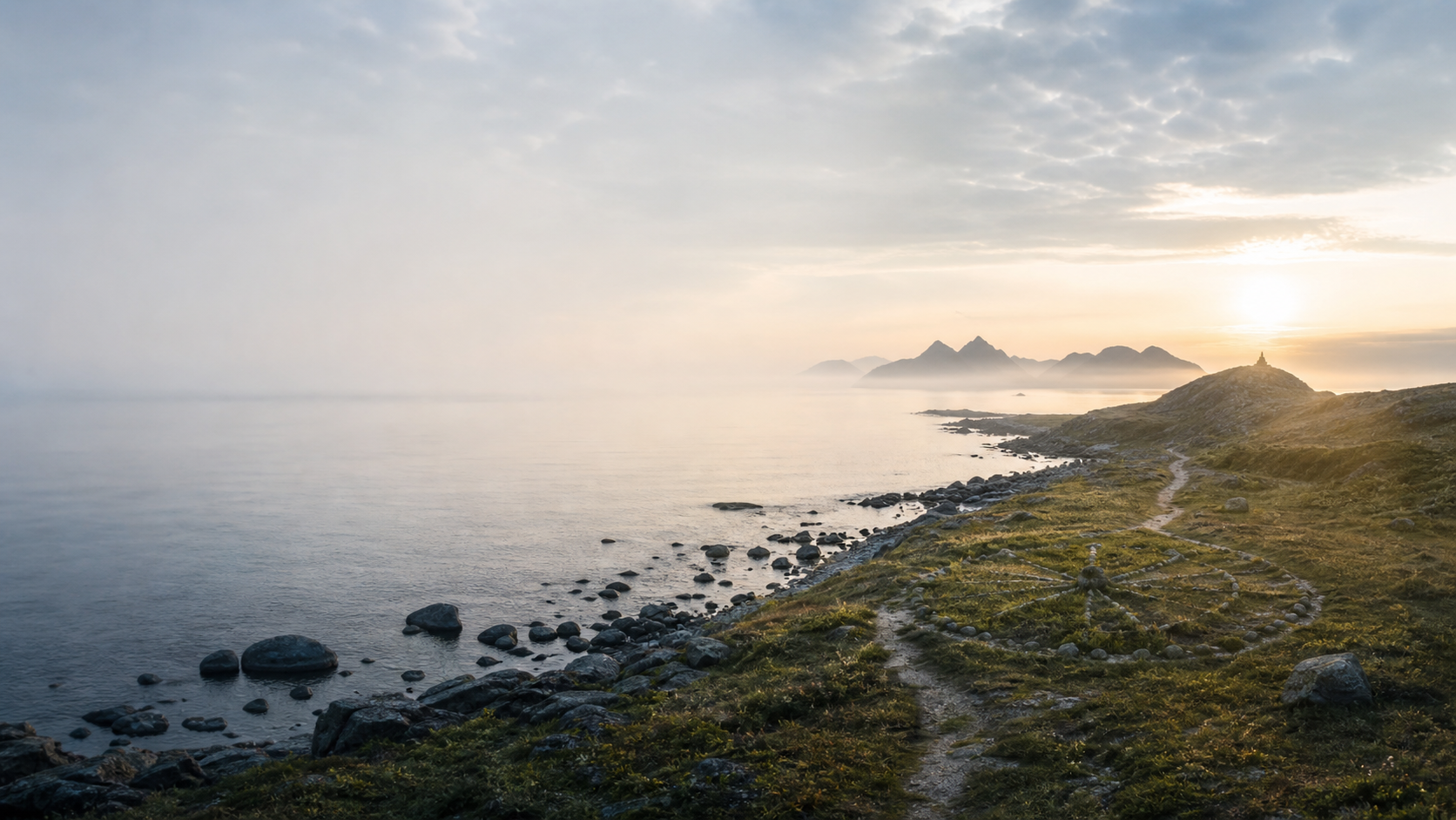 Rolig nordisk kystlinje med horisont og blødt morgenlys